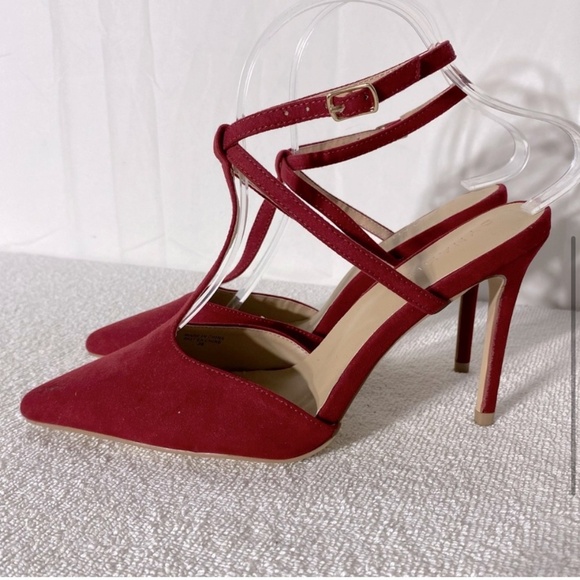 5/$25 Dynamite Red Pointed Toe T Strap Sling Back Skinny Heels 38 - Picture 4 of 11